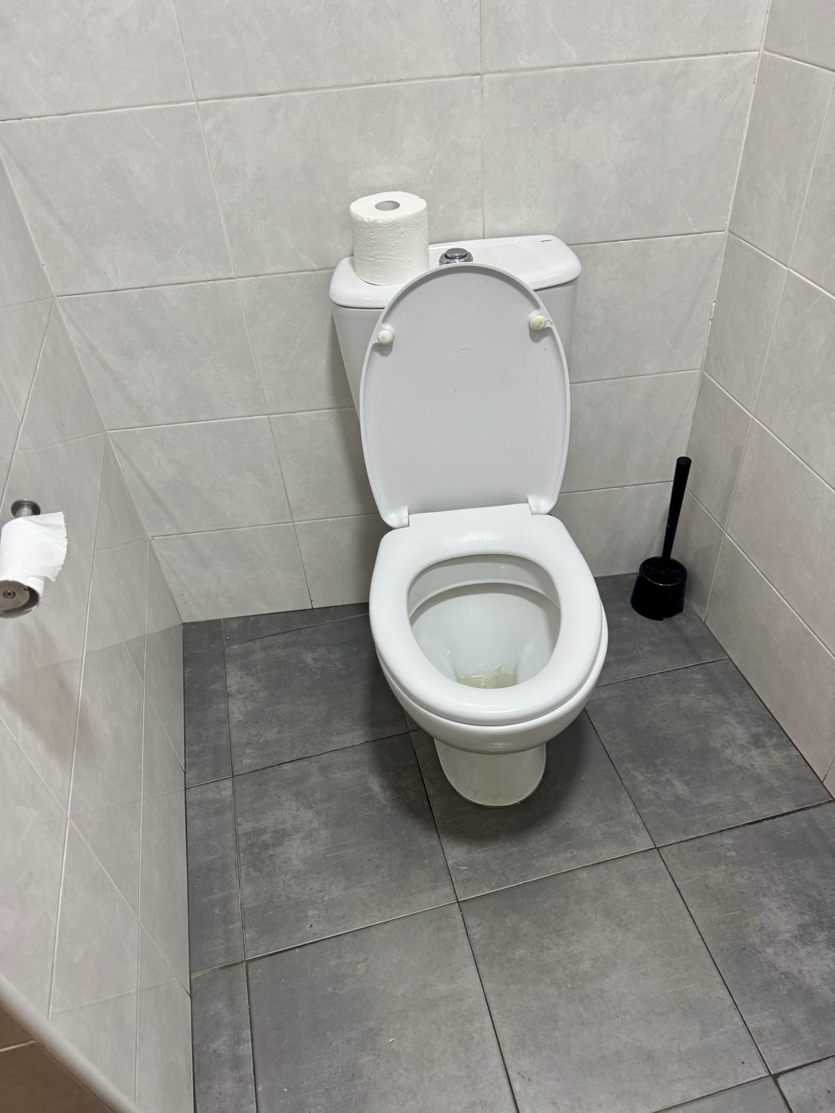A clean, bright tiled restroom with a white toilet and a spare roll of paper on the cistern.