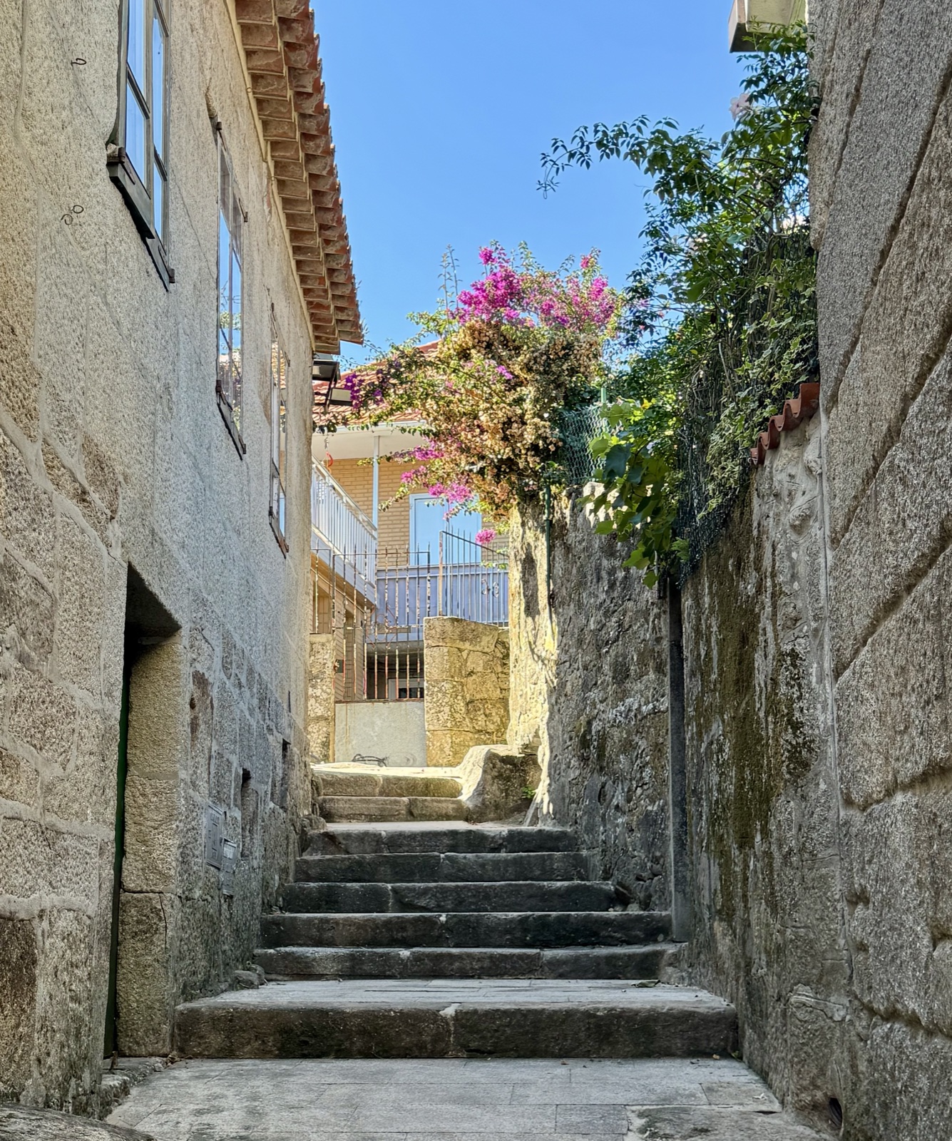 Worn stone steps climbing an alley, pink bougainvillea spilling over the wall at the top.