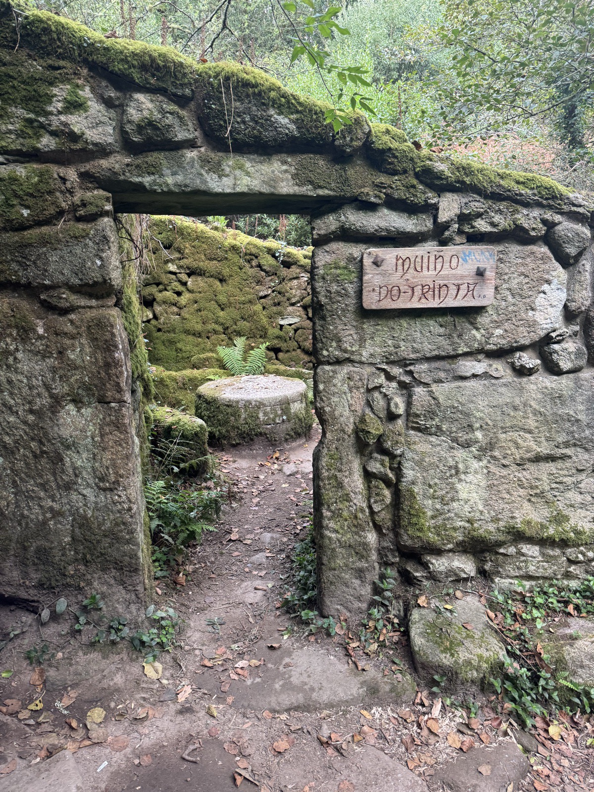 The moss-topped stone doorway of an old mill with a wooden name sign, a round millstone visible inside.