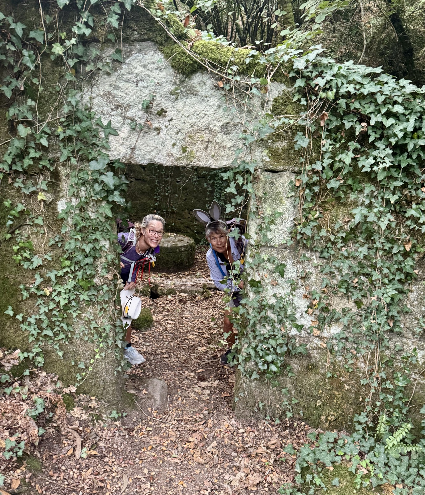 Two pilgrims, one wearing bunny ears, peeking out of an ivy-covered stone doorway.