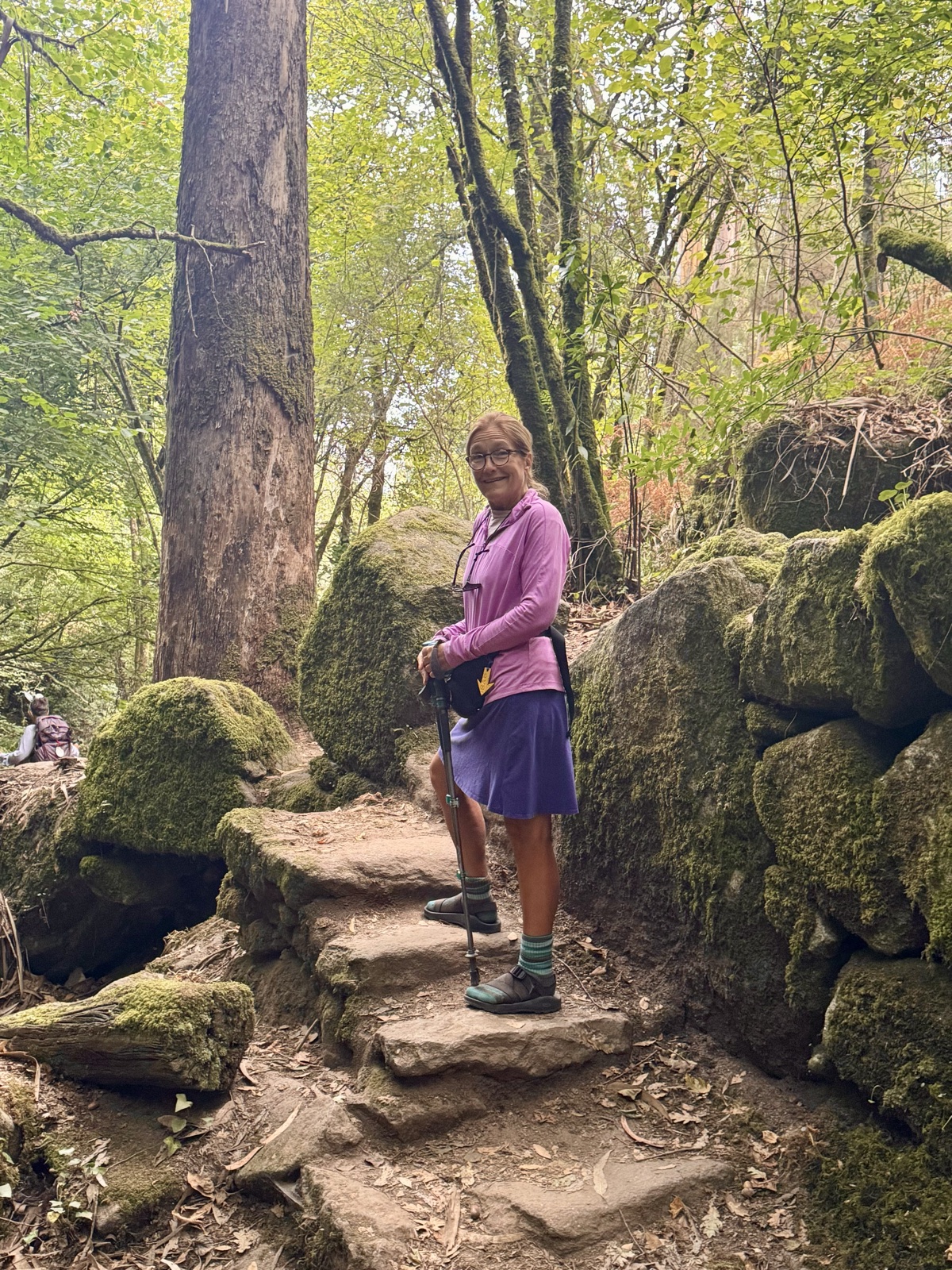 A woman in a pink jacket standing on stone steps among mossy boulders and tall trees.