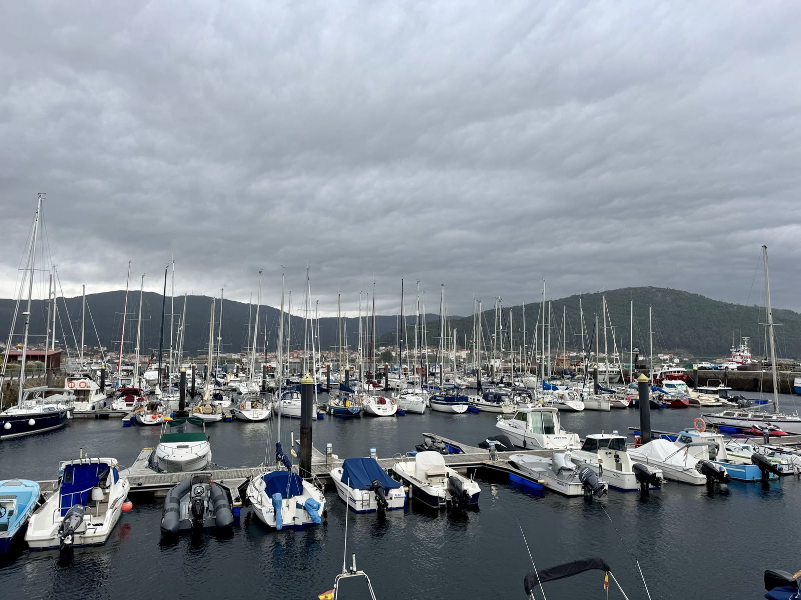 A harbor full of moored sailboats and motorboats under a heavy gray sky, forested hills beyond.